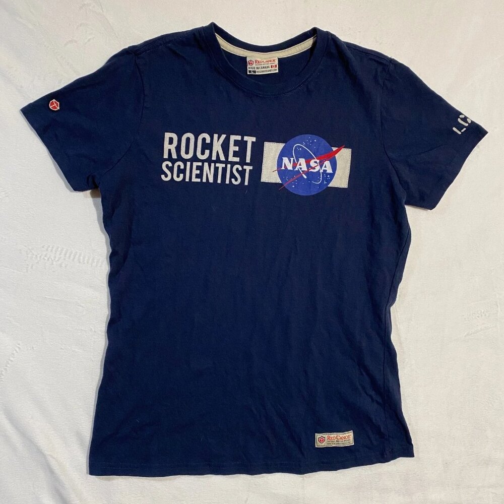 Vintage Red Canoe T-Shirt Womens L Blue Cotton NASA Rocket Scientist Graphic Tee